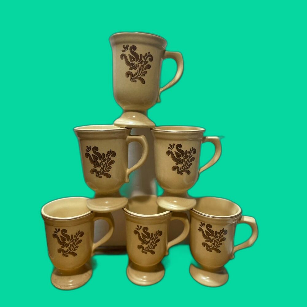 Vintage Pfaltzgraff Folk Art Stoneware Mugs 10oz Tan Blue Floral Set of 7